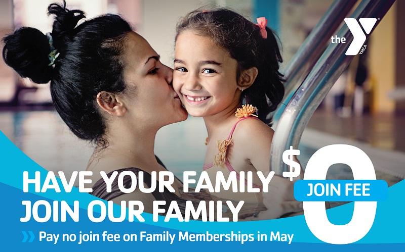 May campaign image, mom and daughter in pool: Save $100 on membership in May